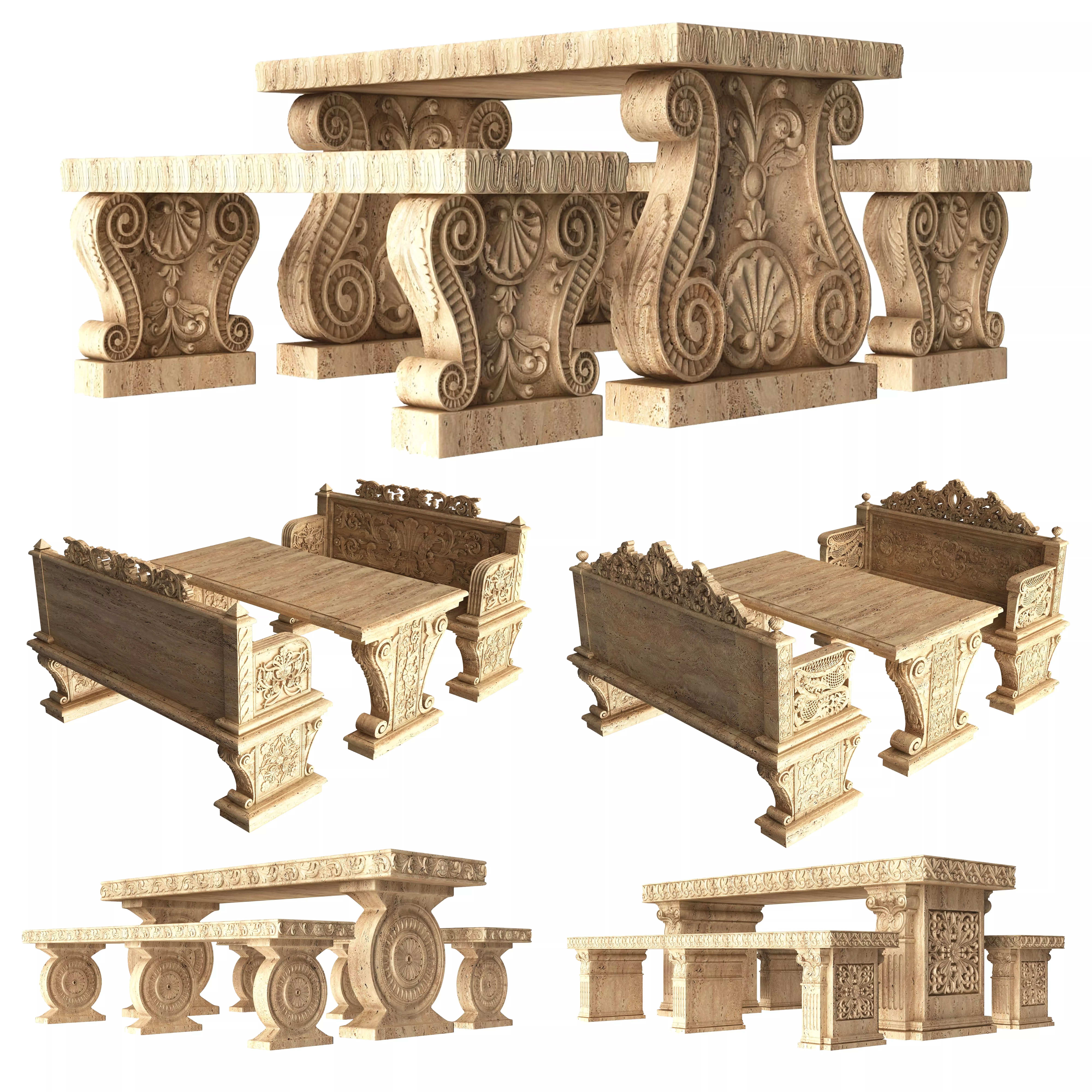 Stone Bench and Table Collection Low-poly 3D model_0