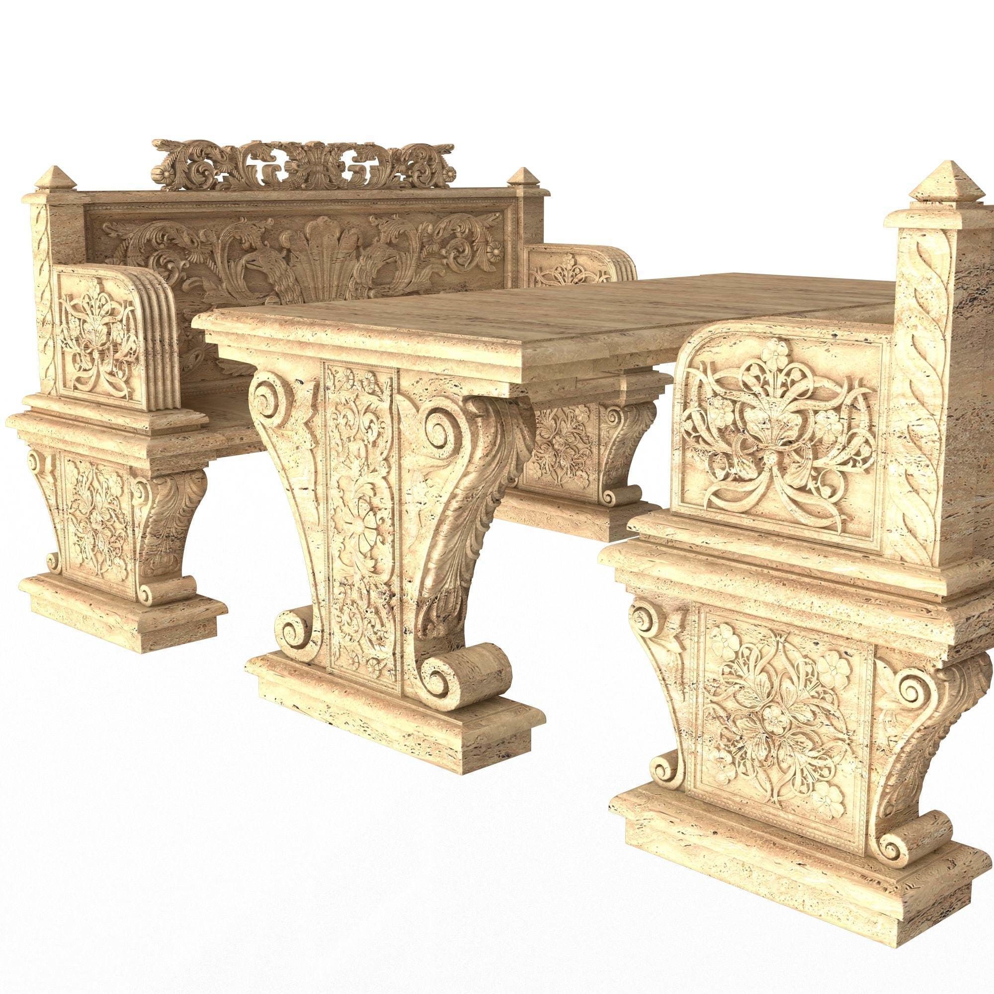 Stone Bench and Table Collection Low-poly 3D model_20