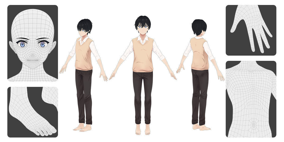 Anime Male Base Mesh Age Kit Low-poly 3D model_2