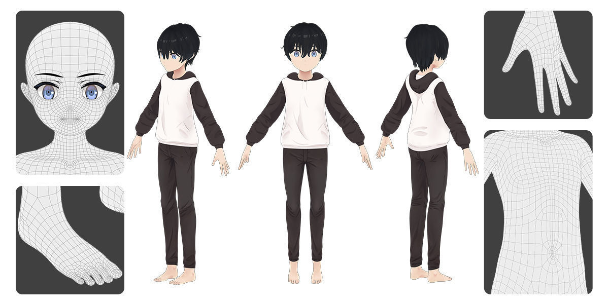 Anime Male Base Mesh Age Kit Low-poly 3D model_4