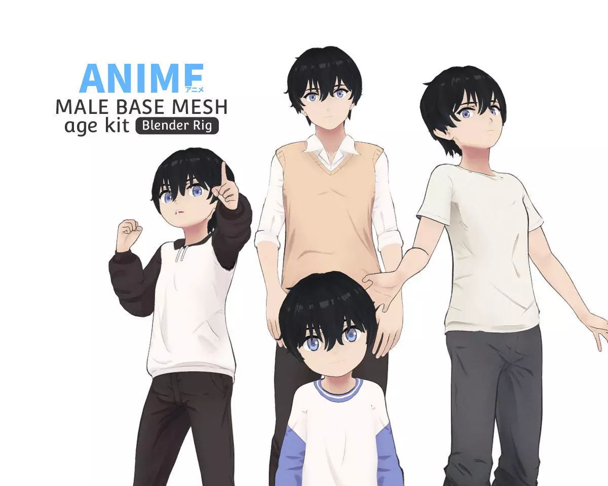 Anime Male Base Mesh Age Kit Low-poly 3D model_0
