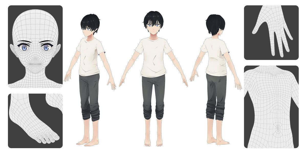 Anime Male Base Mesh Age Kit Low-poly 3D model_3