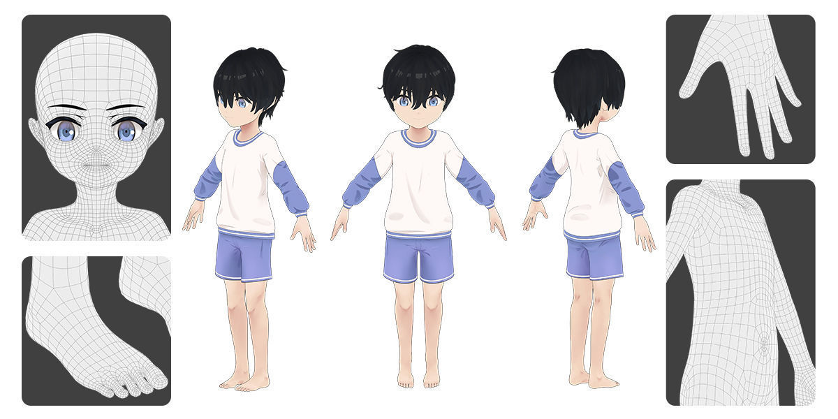 Anime Male Base Mesh Age Kit Low-poly 3D model_5