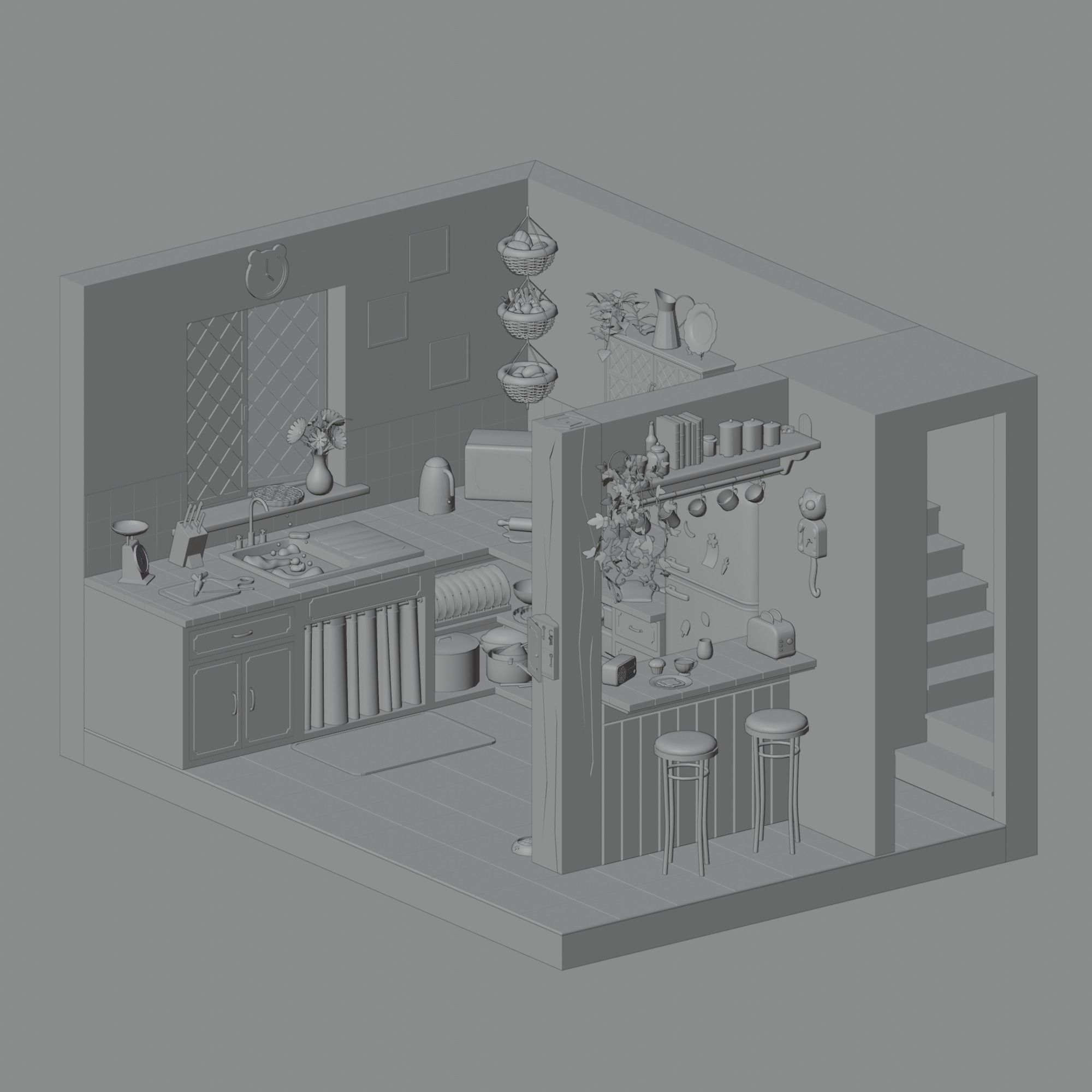 Kitchen with bar Low-poly 3D model_1