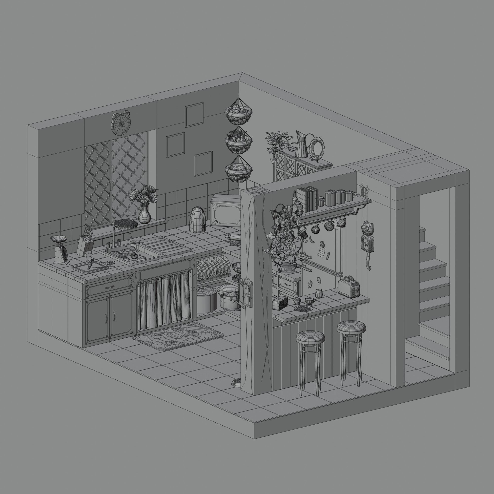 Kitchen with bar Low-poly 3D model_2