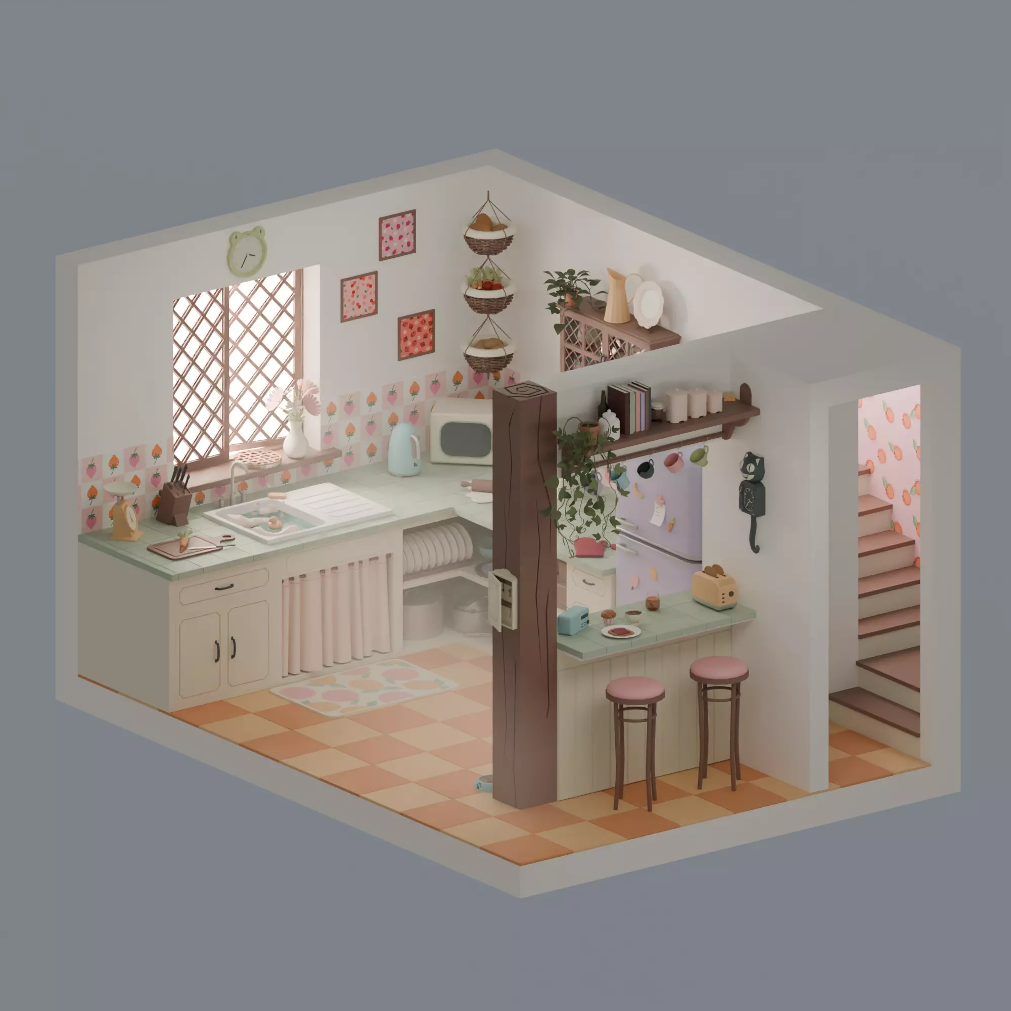 Kitchen with bar Low-poly 3D model_0