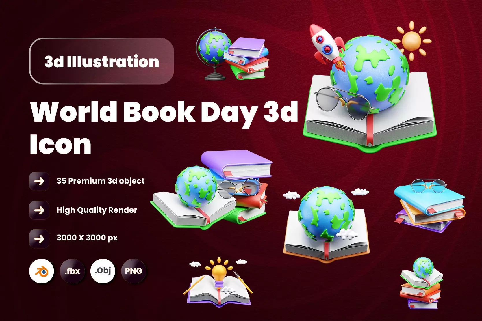 World book day 3d Illustration  Icon Pack 3D model_0