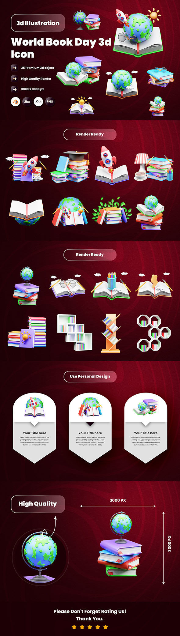 World book day 3d Illustration  Icon Pack 3D model_5