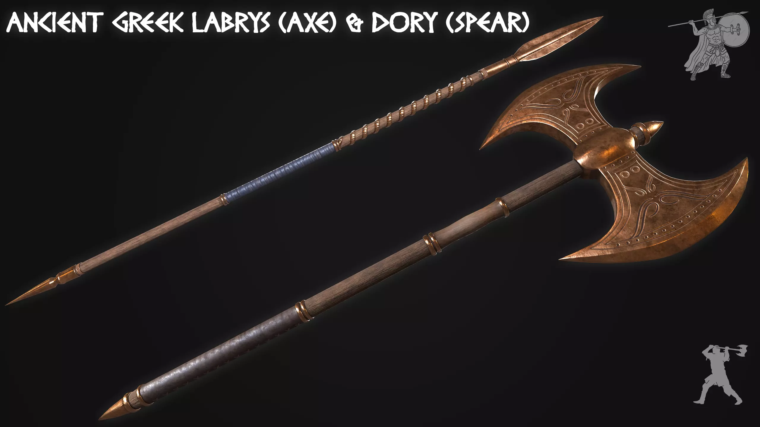Ancient Greek Labrys Axe and Dory Spear MidPoly Game Ready Low-poly 3D model_0