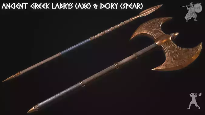 Ancient Greek Labrys Axe and Dory Spear MidPoly Game Ready Low-poly 3D model