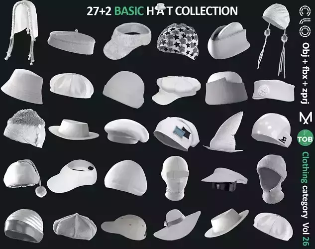 29 BASIC HAT COLLECTION- ZPRJ - OBJ - FBX - Marvelous - Clo3d 3D model