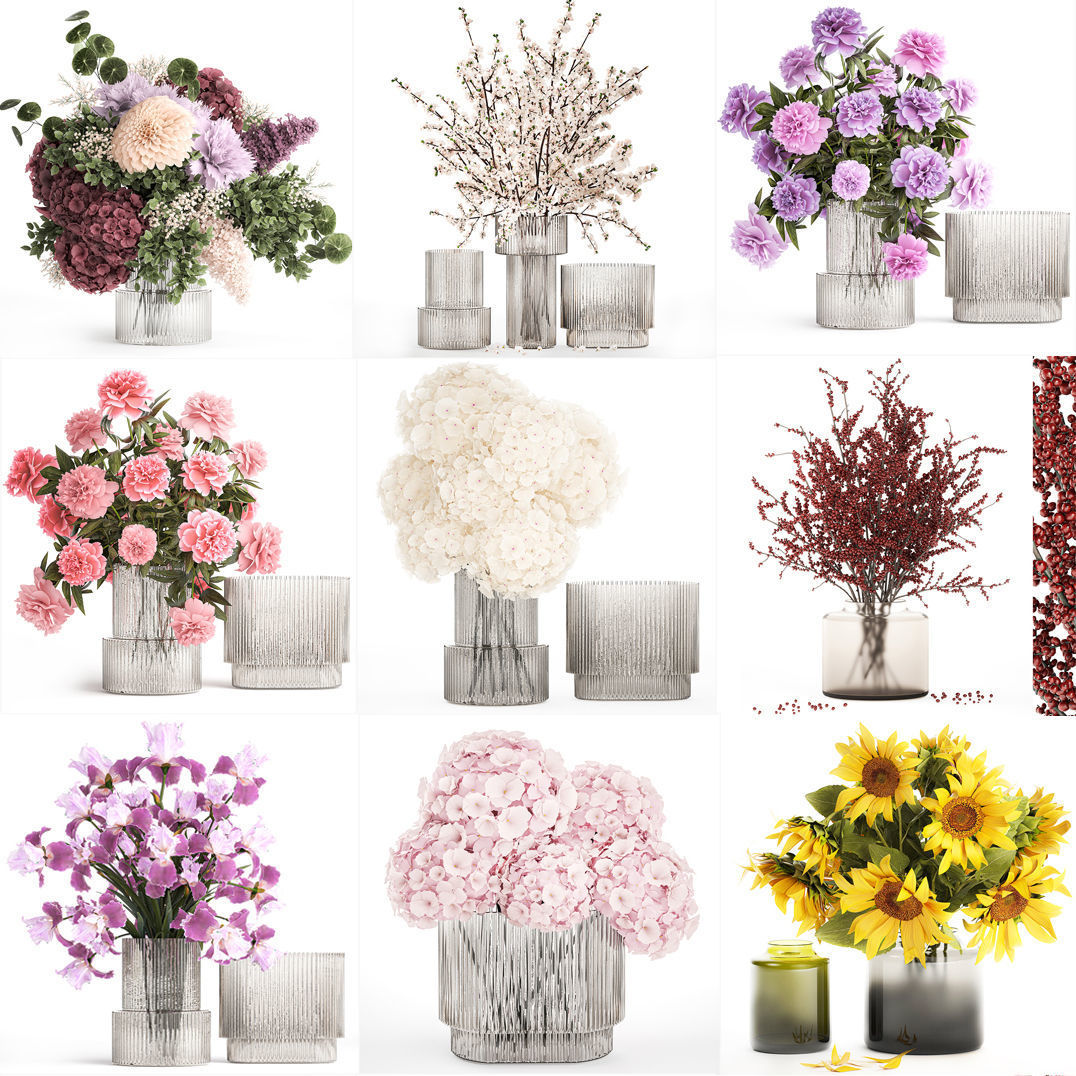 Collection of flower bouquets and vase set of 41 pieces 3D model_16