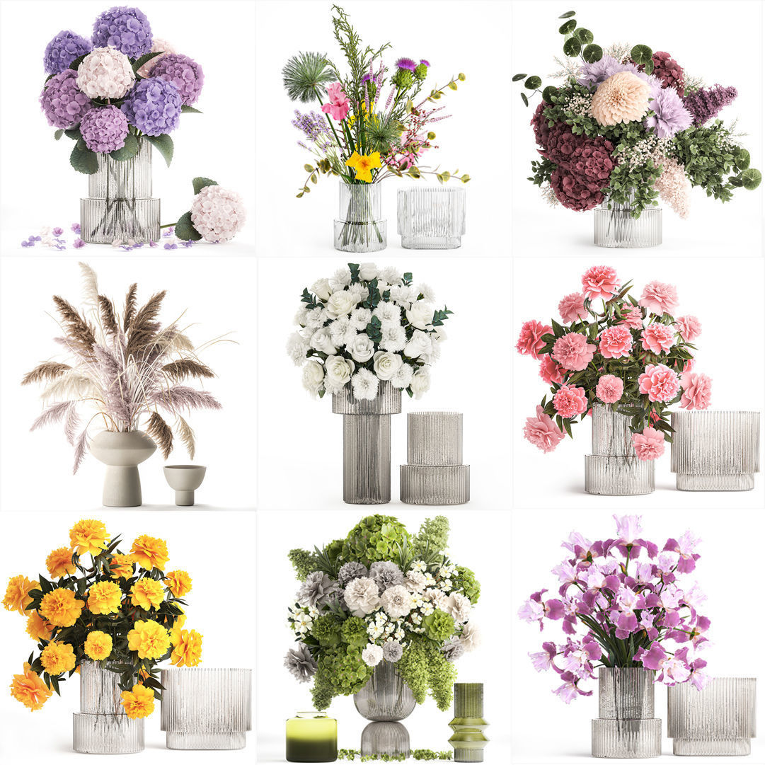 Collection of flower bouquets and vase set of 41 pieces 3D model_14