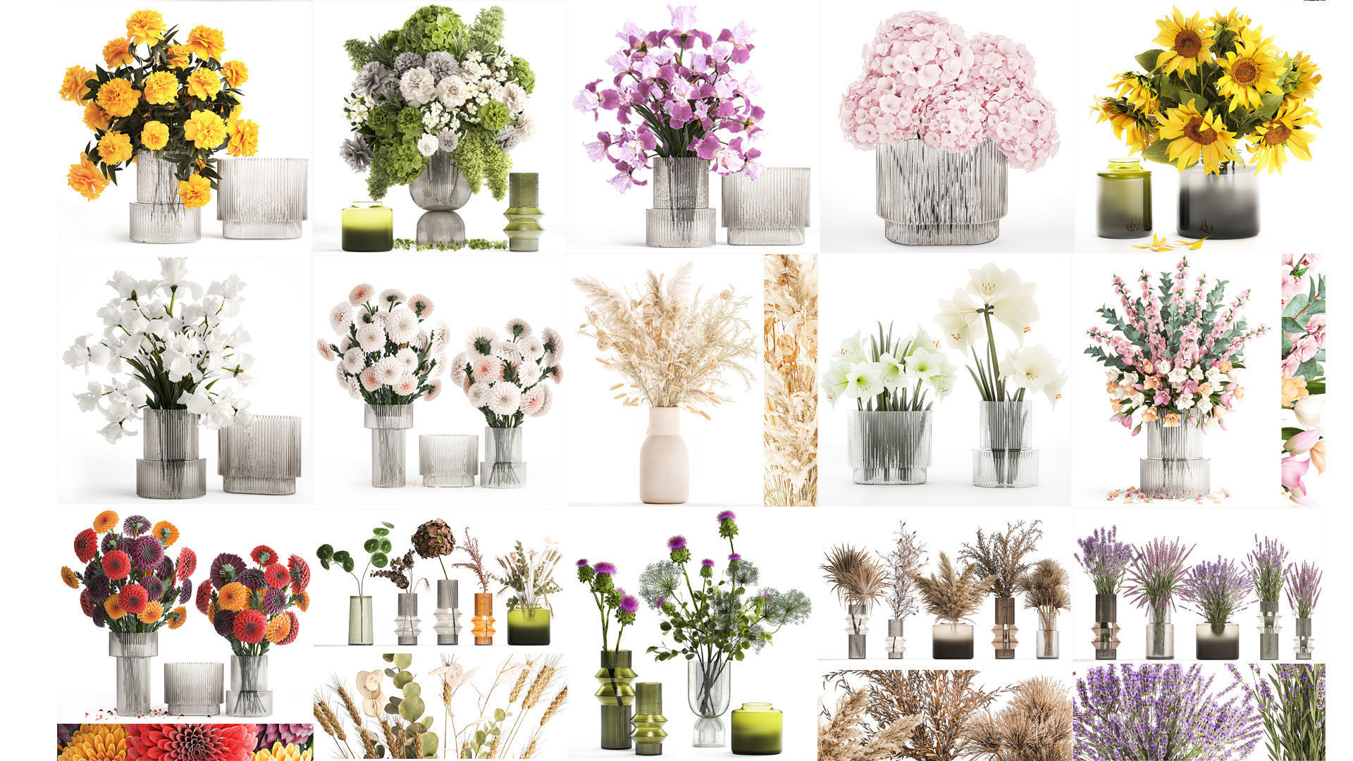 Collection of flower bouquets and vase set of 41 pieces 3D model_3
