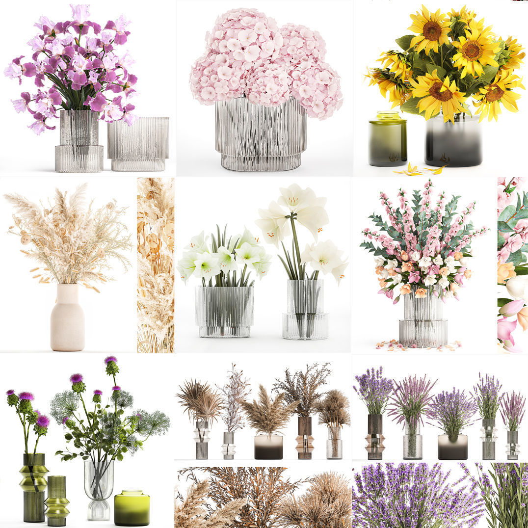 Collection of flower bouquets and vase set of 41 pieces 3D model_15