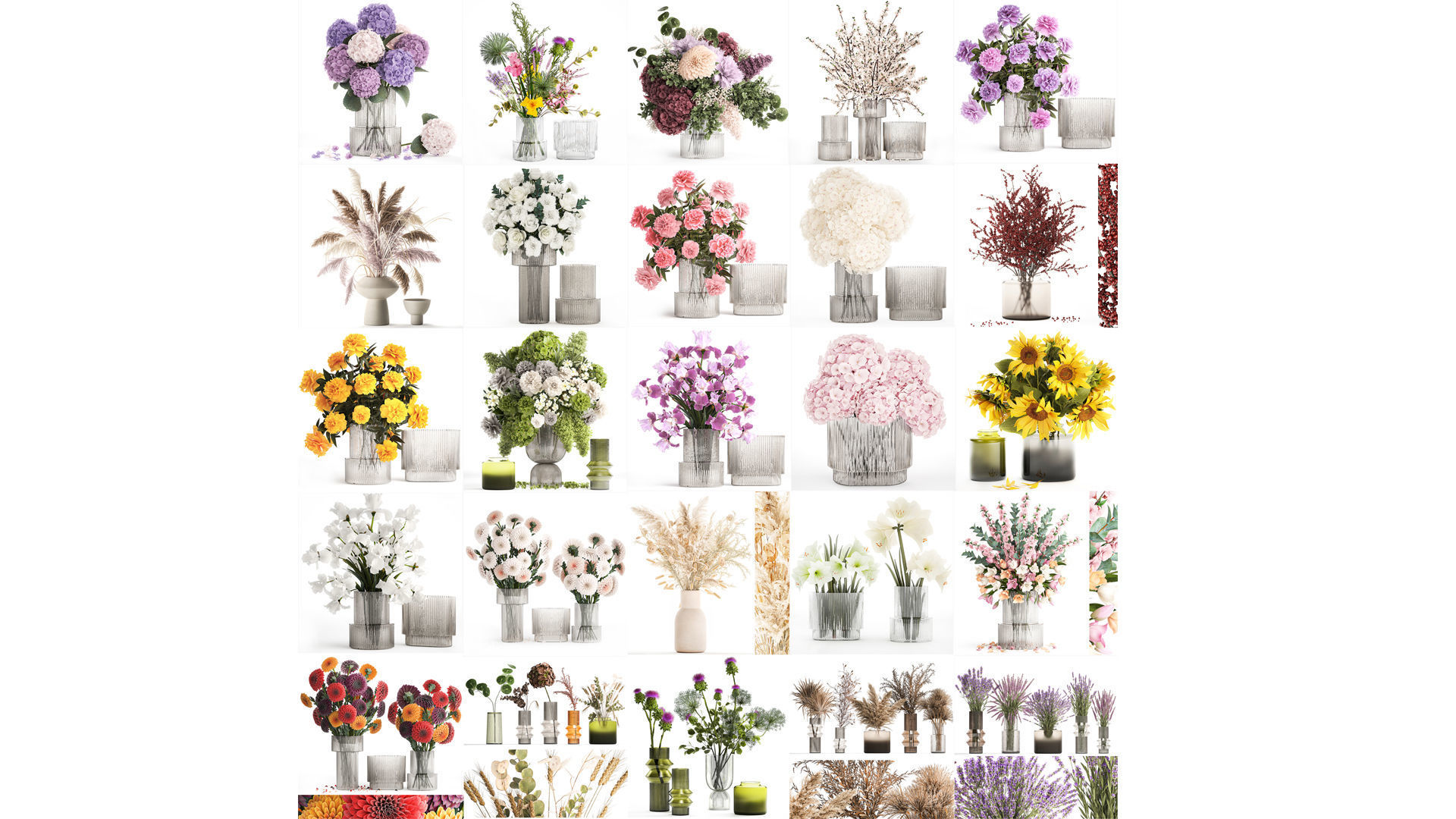 Collection of flower bouquets and vase set of 41 pieces 3D model_1