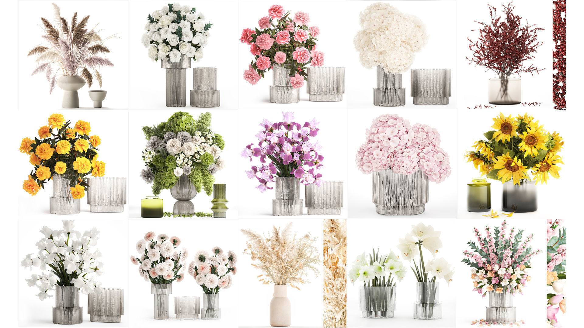 Collection of flower bouquets and vase set of 41 pieces 3D model_4