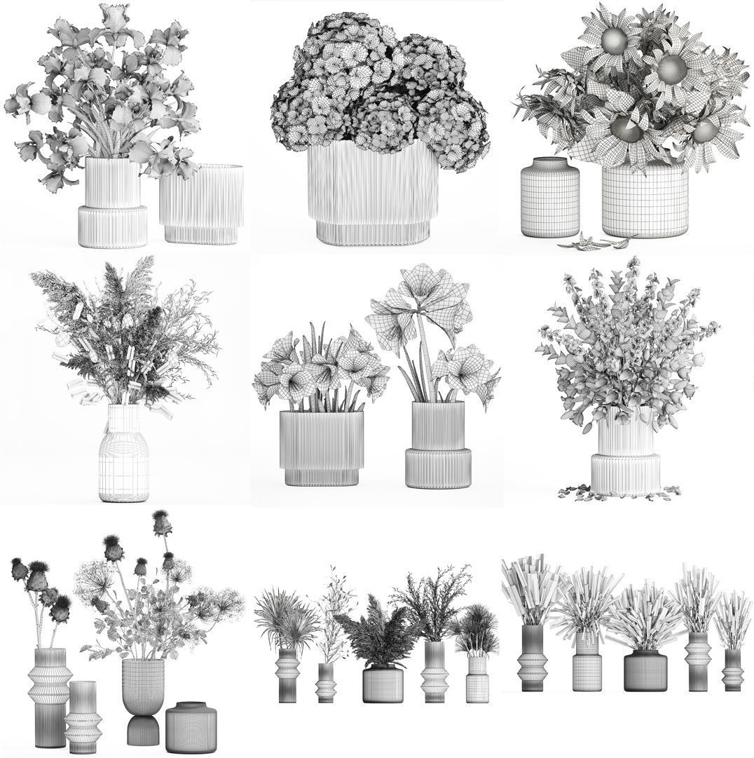 Collection of flower bouquets and vase set of 41 pieces 3D model_21