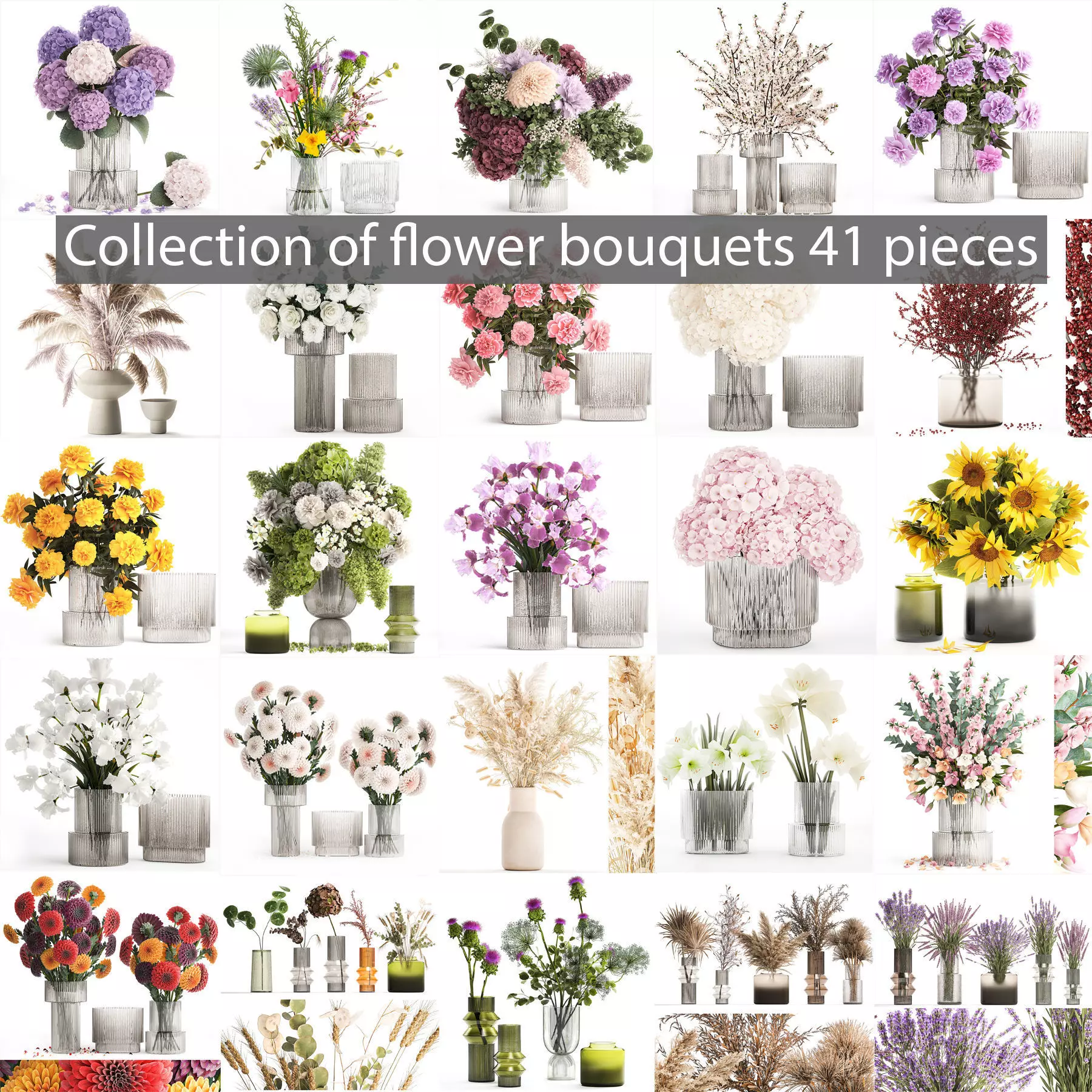 Collection of flower bouquets and vase set of 41 pieces 3D model_0
