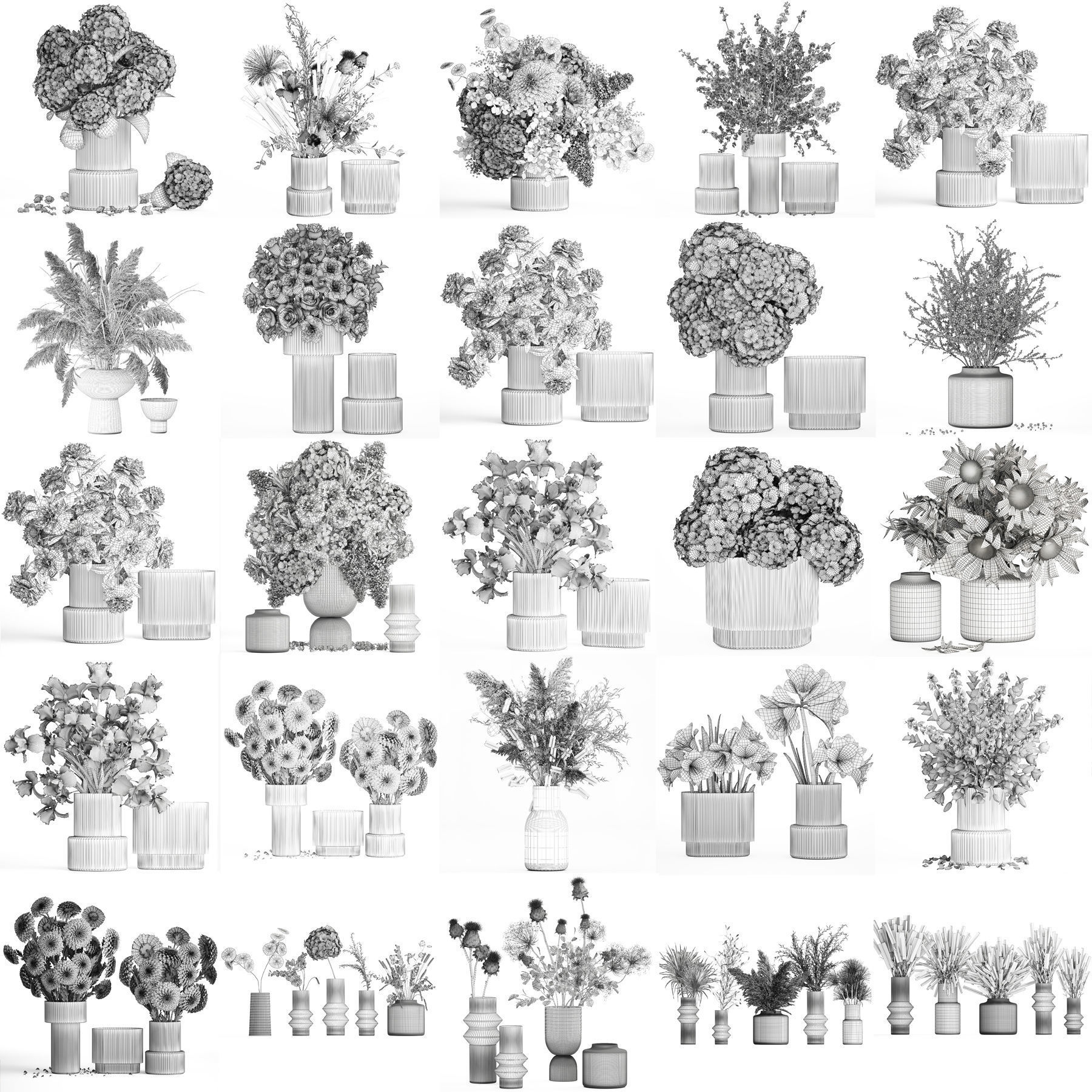 Collection of flower bouquets and vase set of 41 pieces 3D model_20