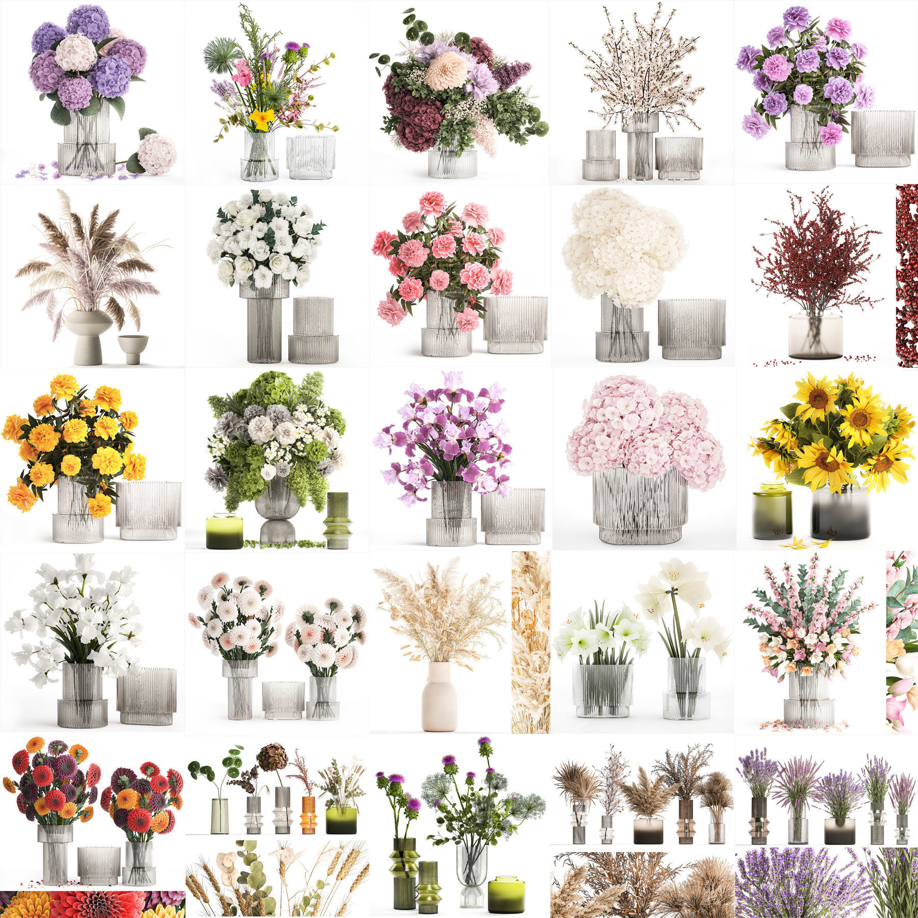 Collection of flower bouquets and vase set of 41 pieces 3D model_10