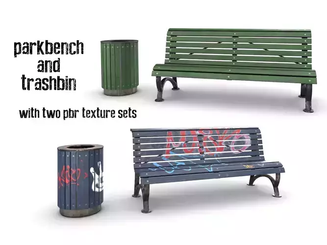 weathered and used parkbench and trashbin set