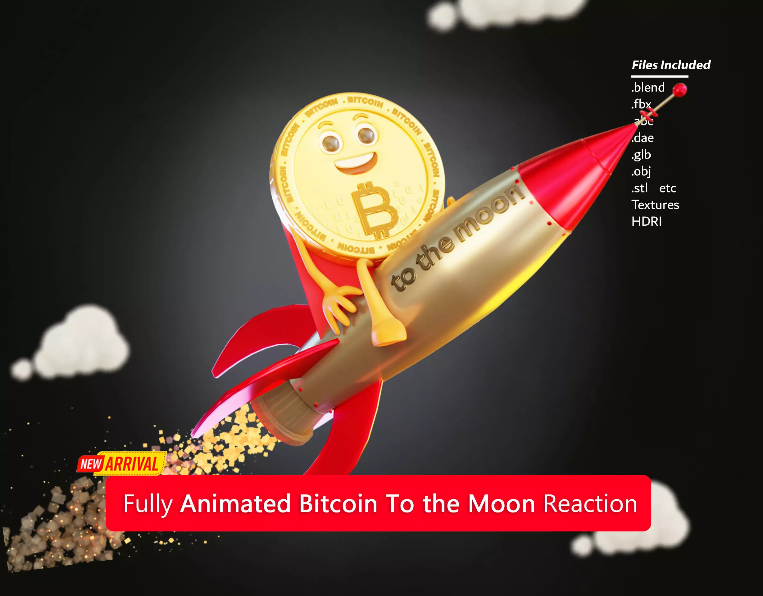 Bitcoin To the Moon Animated Reaction Low-poly 3D model