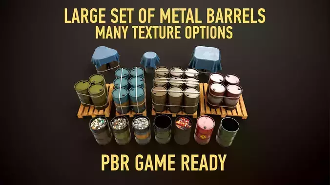 Large set of metal barrels