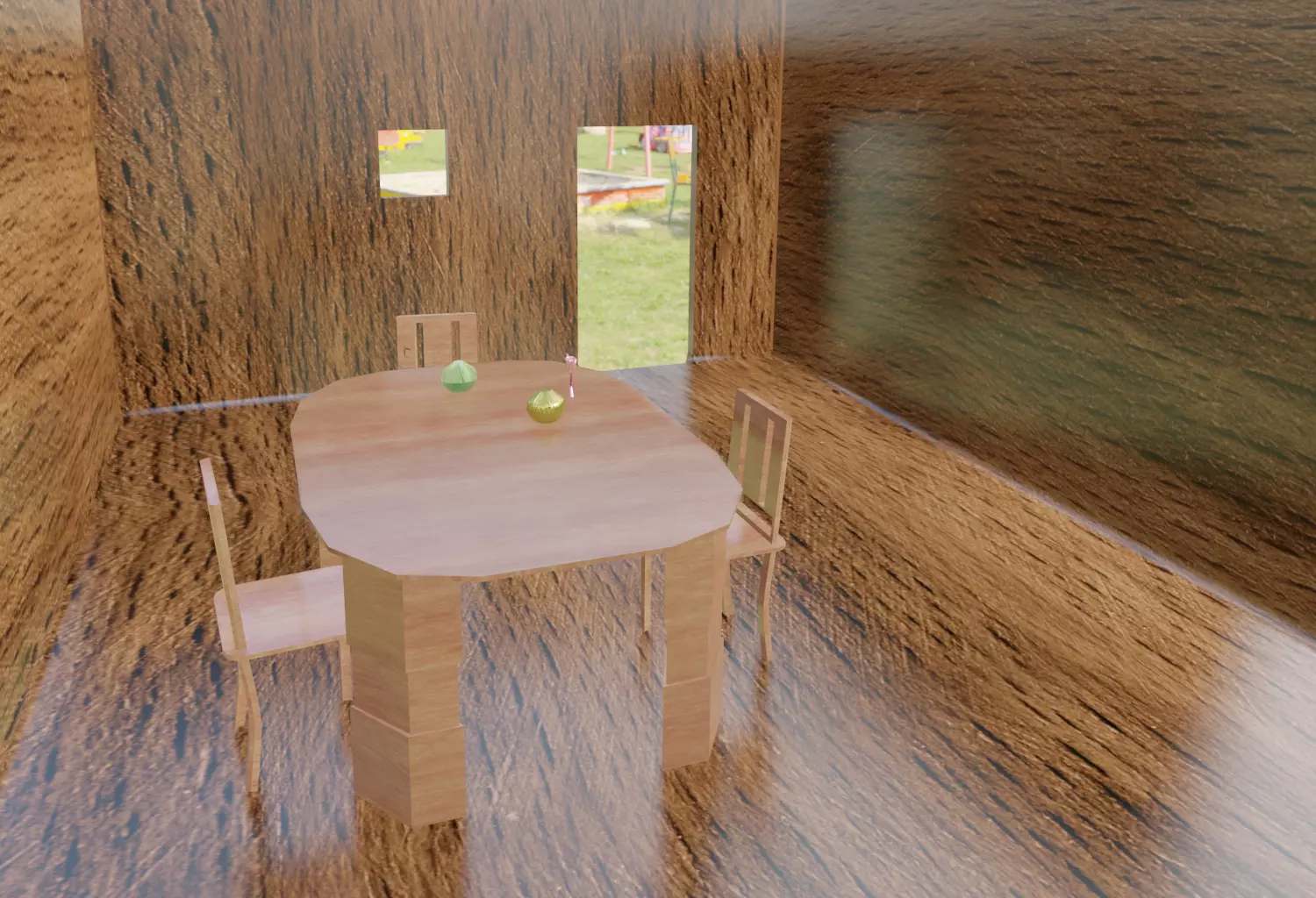 Inside a wooden house with some furniture Low-poly 3D model