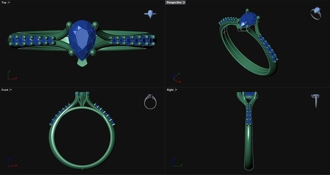 Diamond Pear Engagement Ring with sidestones  3D print model