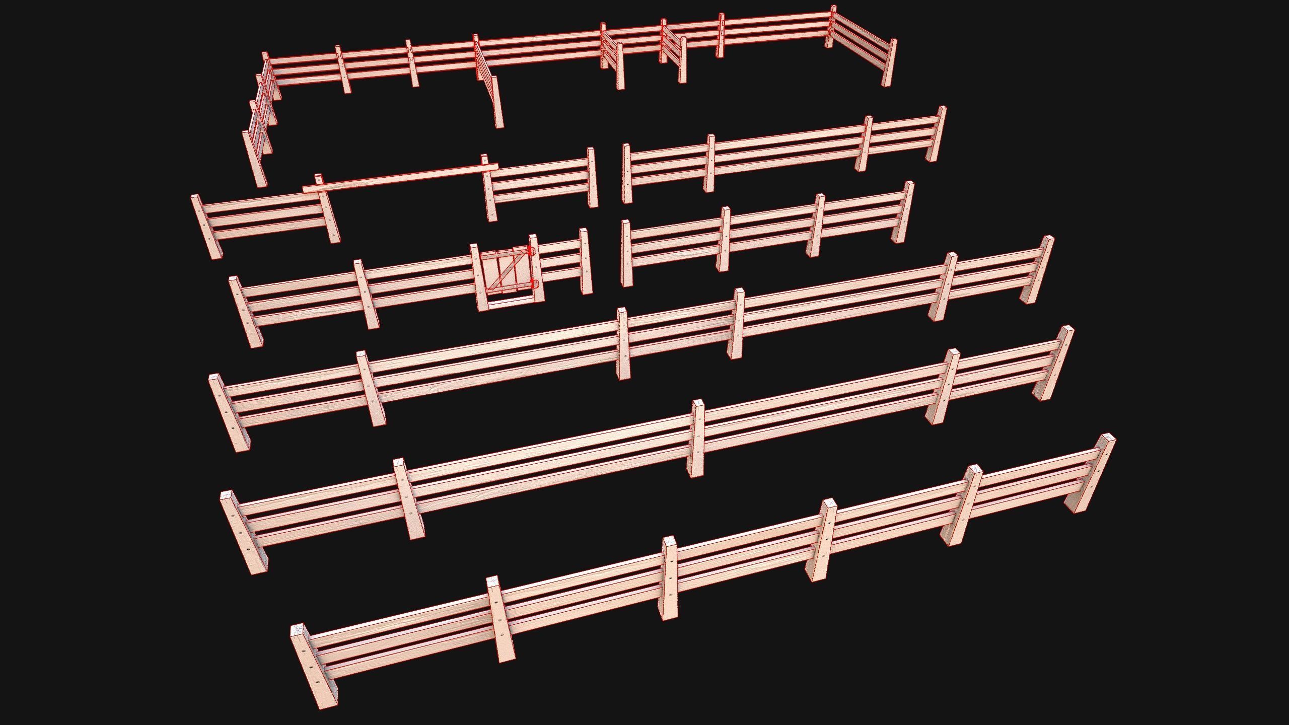 Fence Farm Wooden Constructor Low-poly 3D model_3
