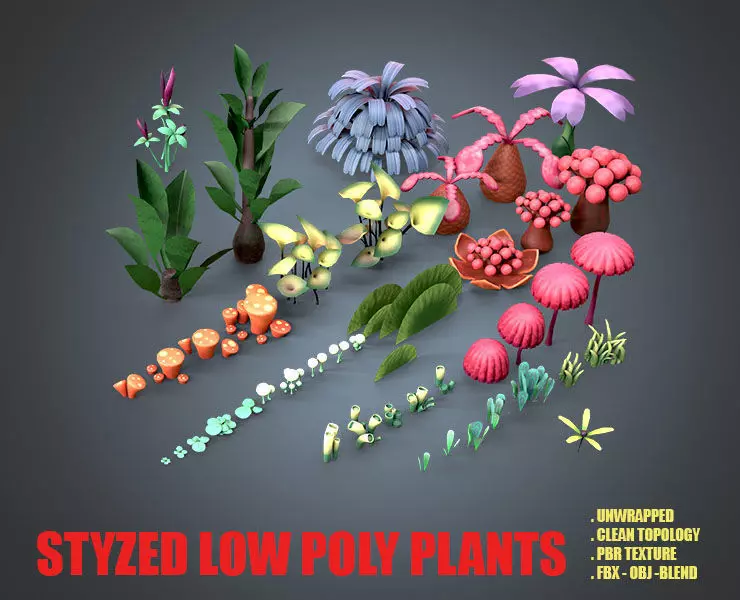Stylized Low poly plants Low-poly 3D model_0
