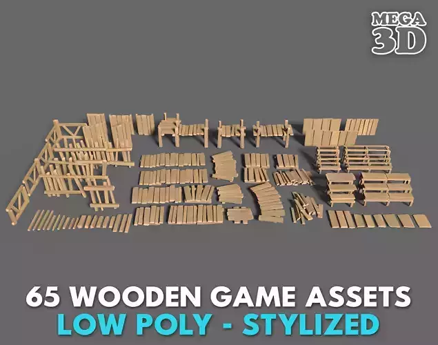 65 Lowpoly Wooden Game Assets - Stylized Low-poly 3D model