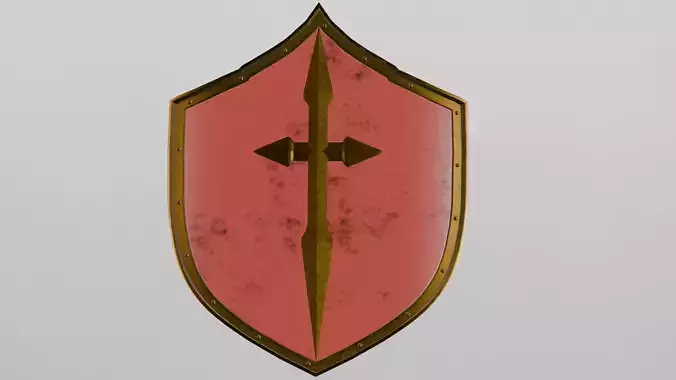 A red heater shield with a pointy top and a golden cross