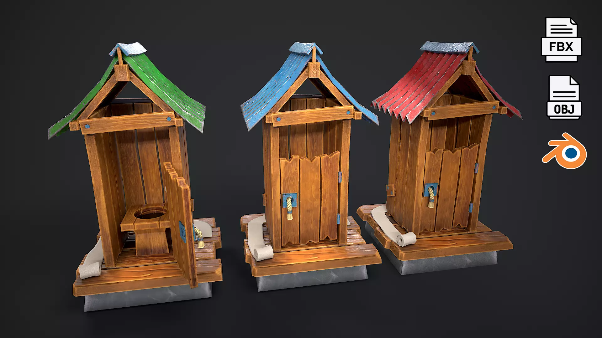 Wooden toilet Rural toilet Village toilet Outdoor privy Low-poly 3D model_0