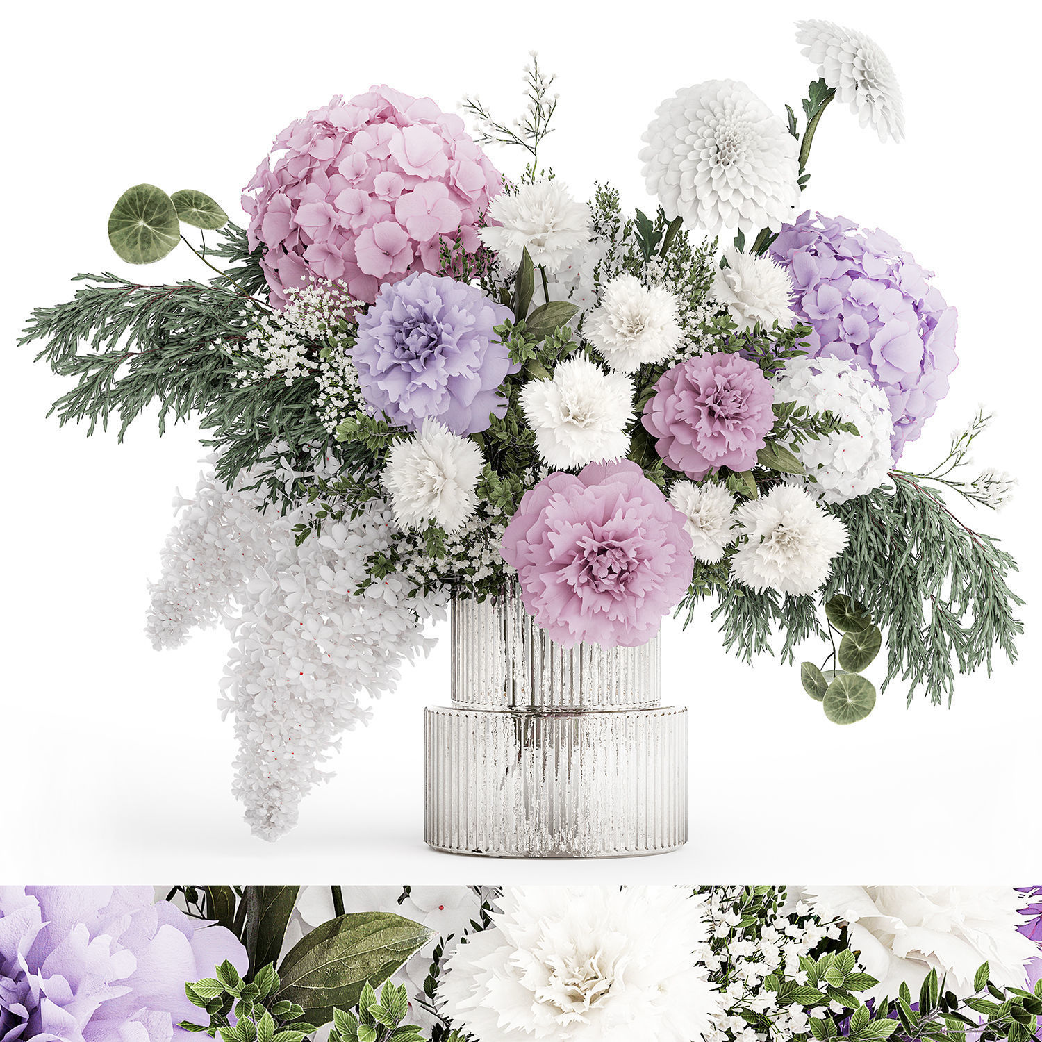 realistic bouquet in a vase hydrangea lilac peony 382 3D model_7