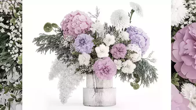 realistic bouquet in a vase hydrangea lilac peony 382 3D model