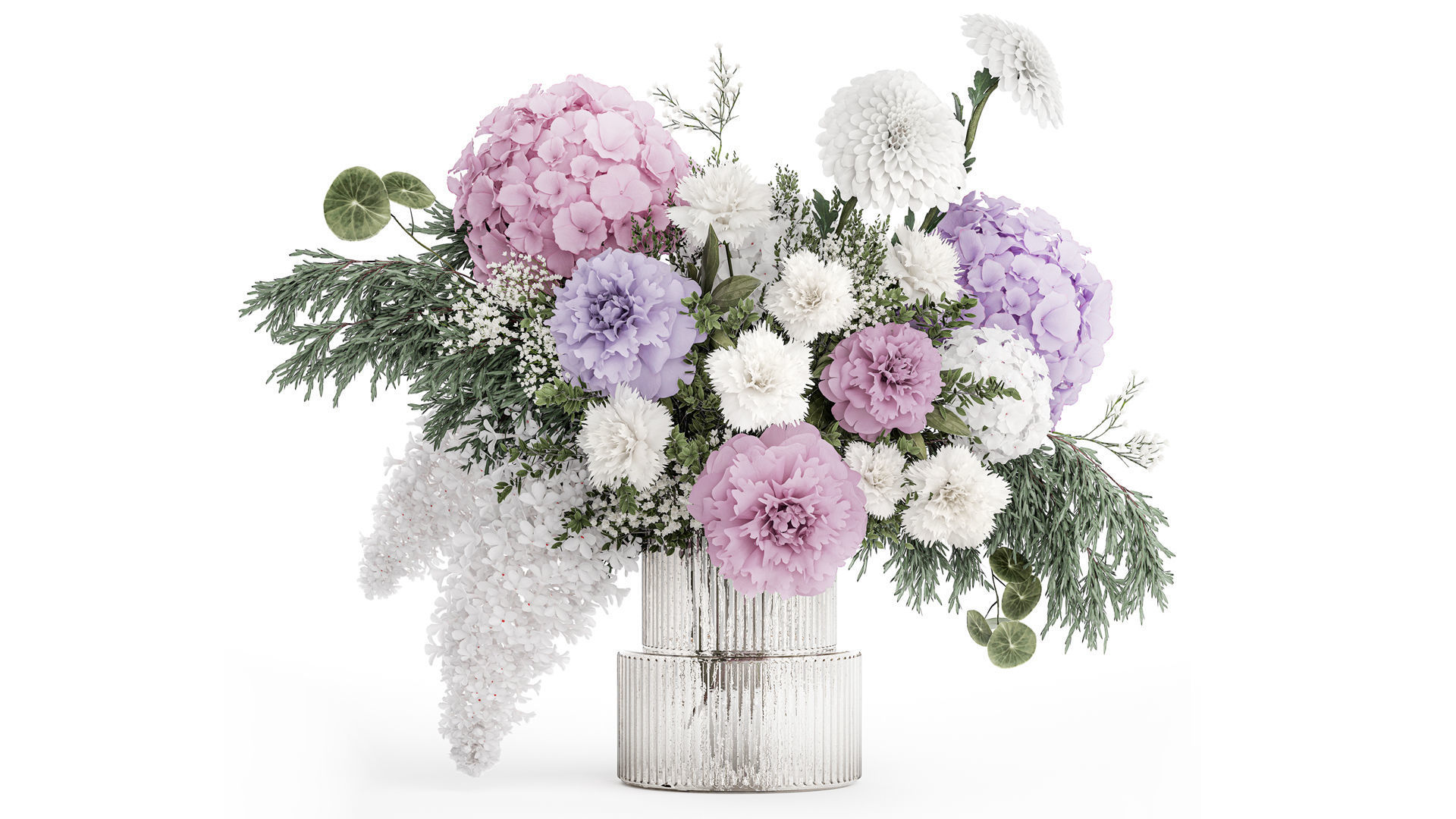 realistic bouquet in a vase hydrangea lilac peony 382 3D model_1