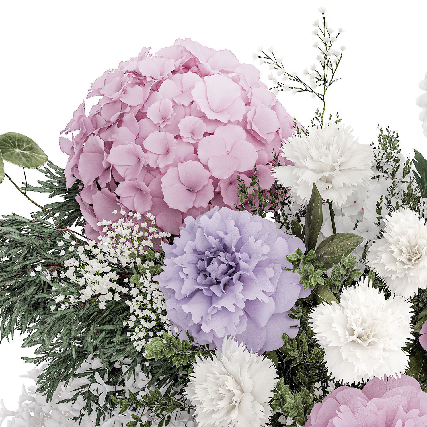 realistic bouquet in a vase hydrangea lilac peony 382 3D model_9