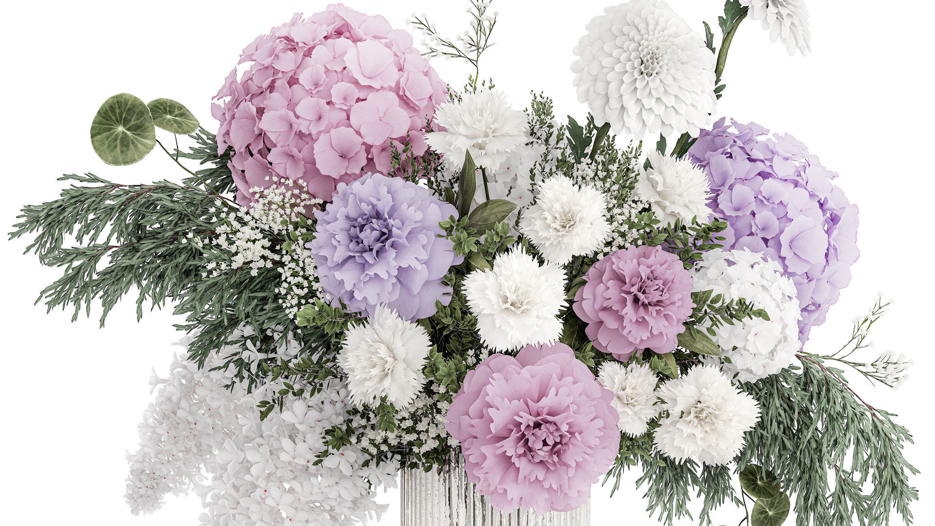 realistic bouquet in a vase hydrangea lilac peony 382 3D model_2