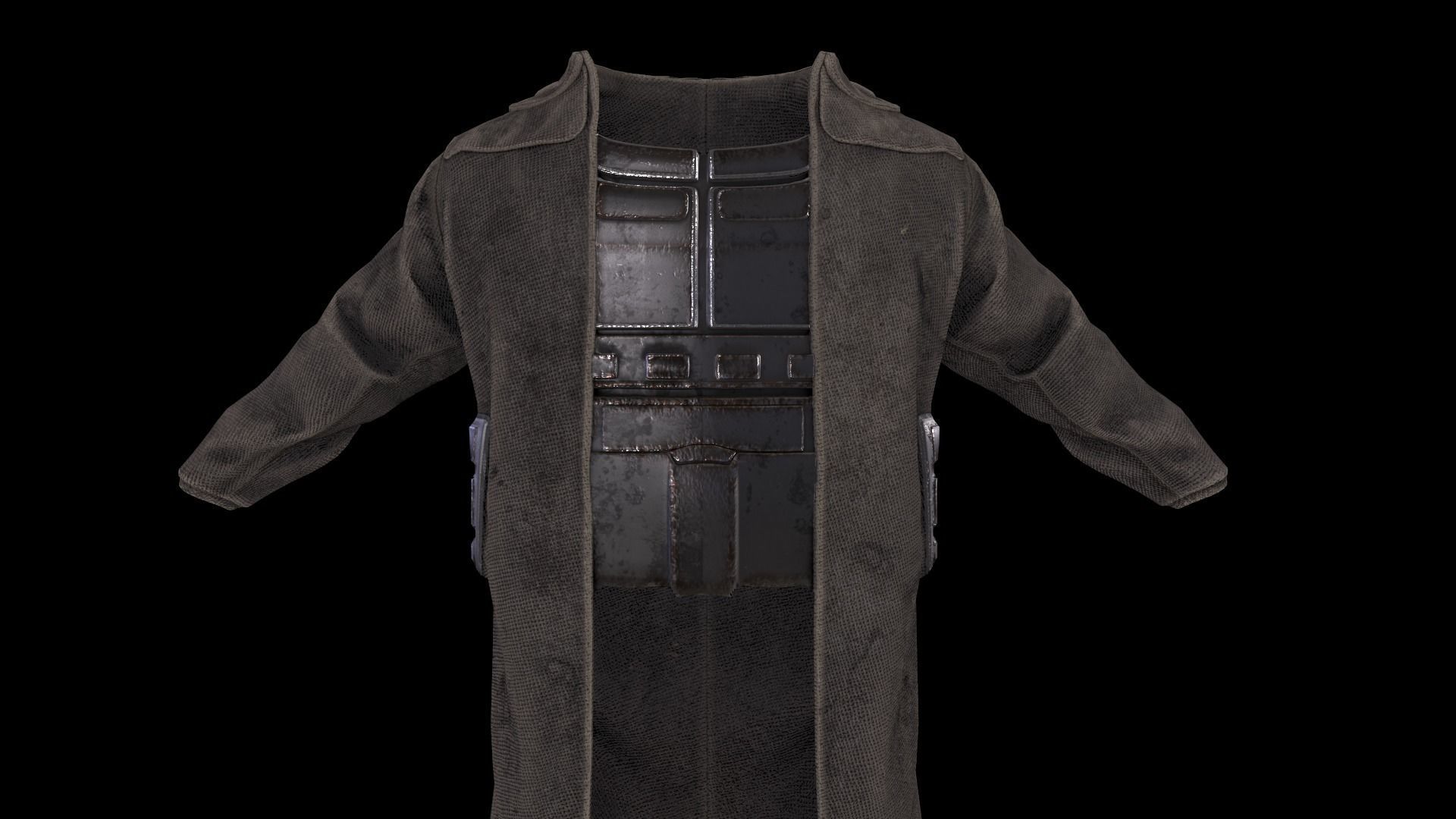 Postapocalypse sci-fi long jacket with hood Low-poly 3D model_8