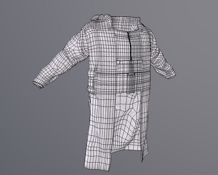 Postapocalypse sci-fi long jacket with hood Low-poly 3D model_14