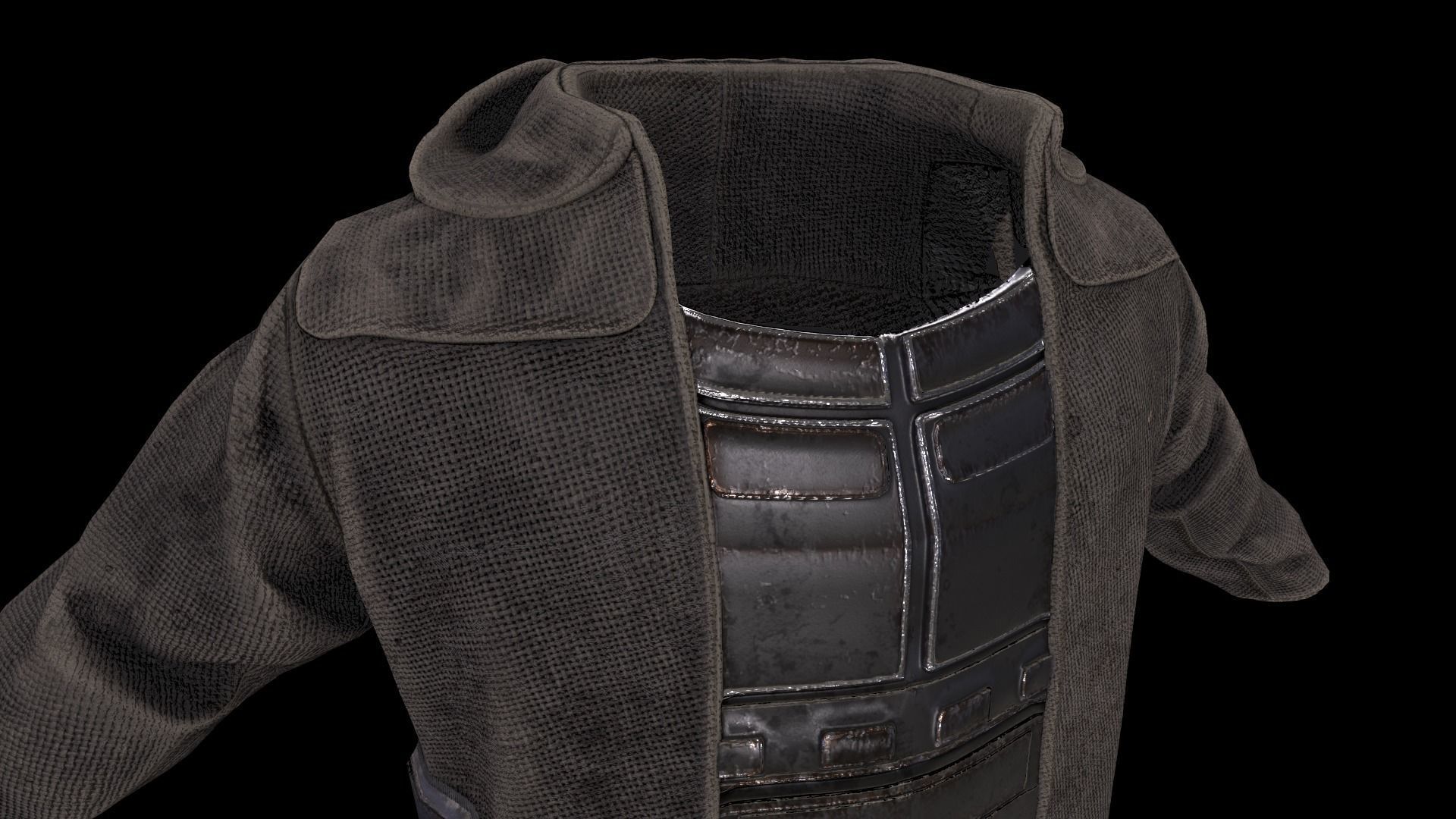 Postapocalypse sci-fi long jacket with hood Low-poly 3D model_12