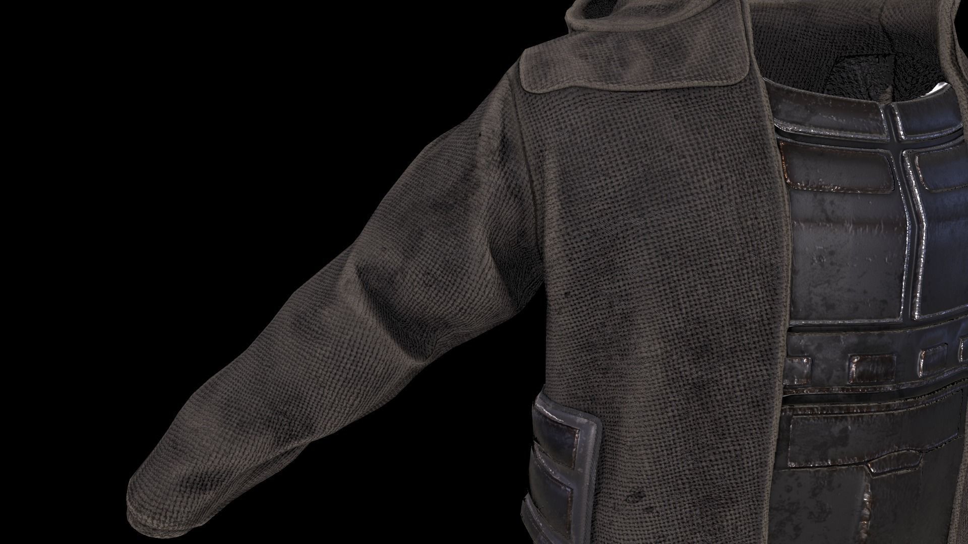 Postapocalypse sci-fi long jacket with hood Low-poly 3D model_10