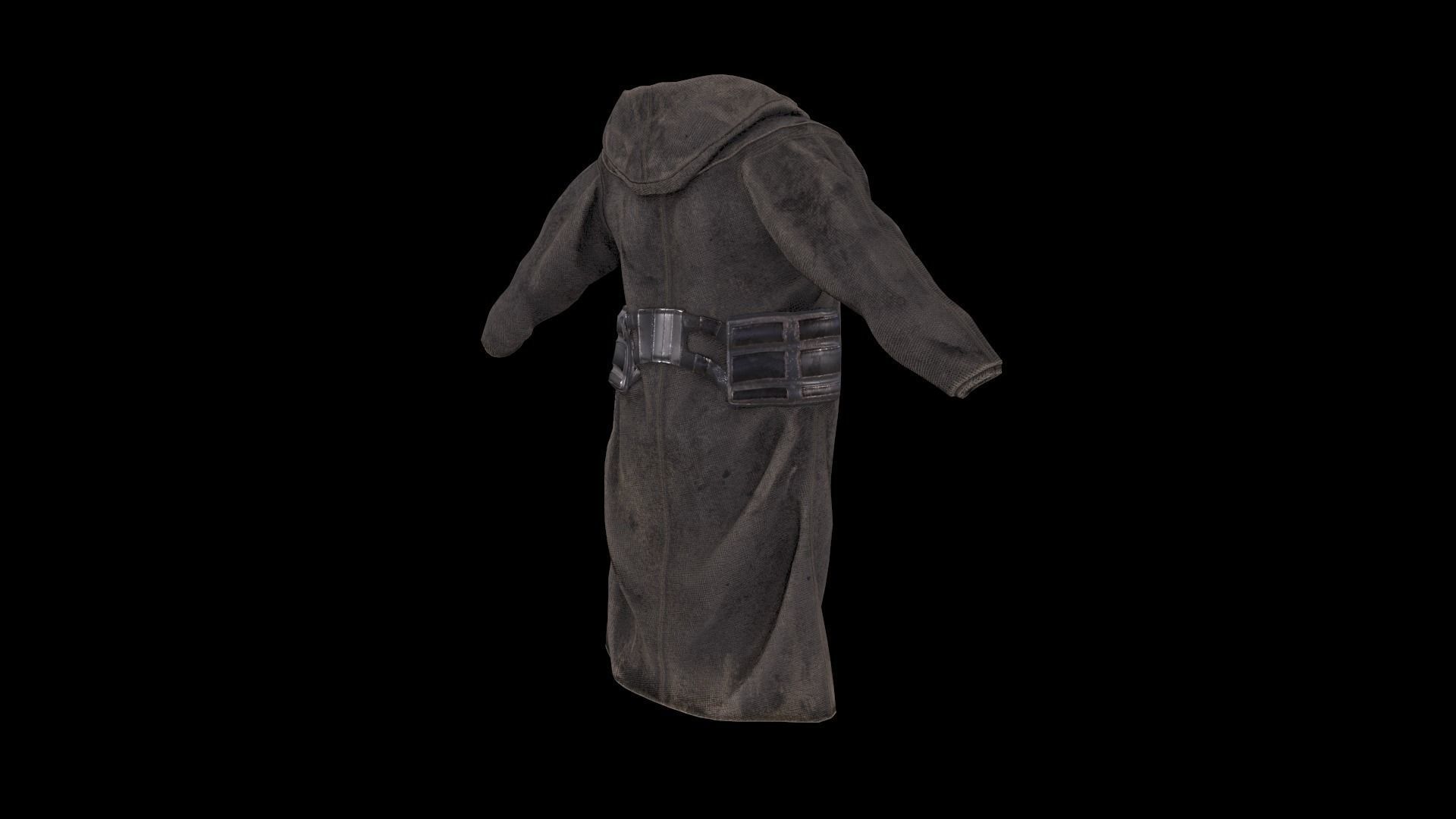 Postapocalypse sci-fi long jacket with hood Low-poly 3D model_3