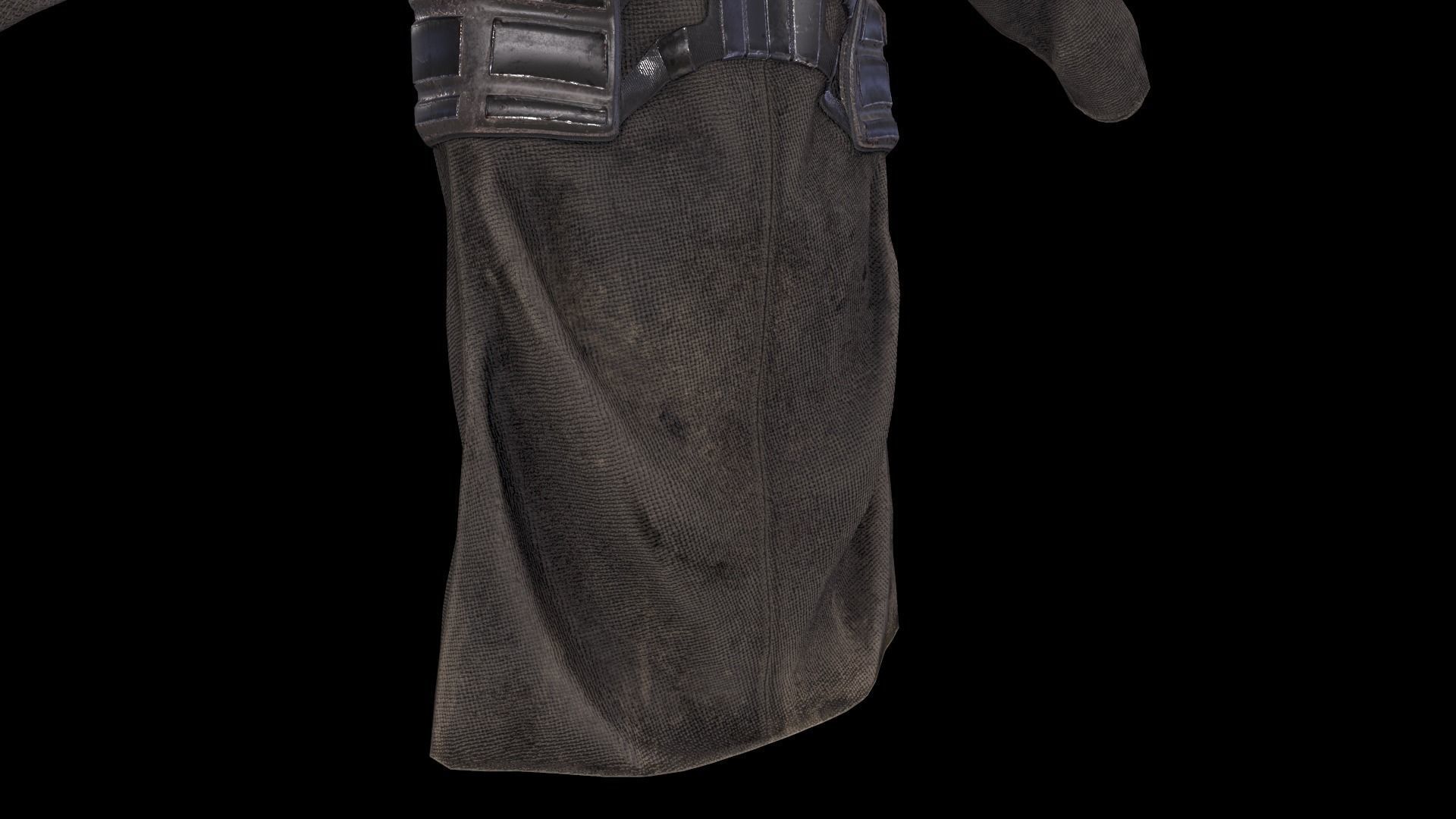 Postapocalypse sci-fi long jacket with hood Low-poly 3D model_9