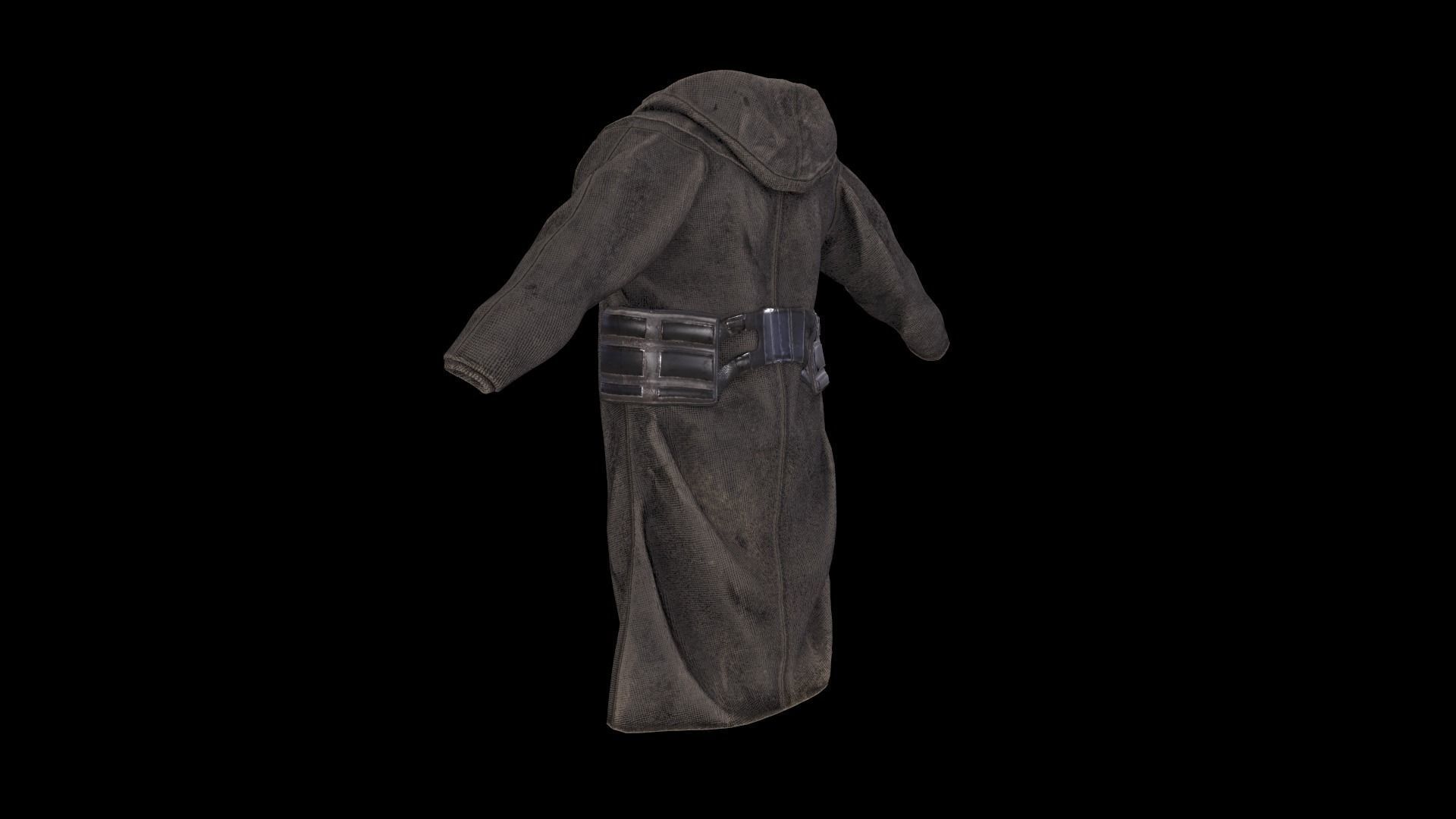 Postapocalypse sci-fi long jacket with hood Low-poly 3D model_4