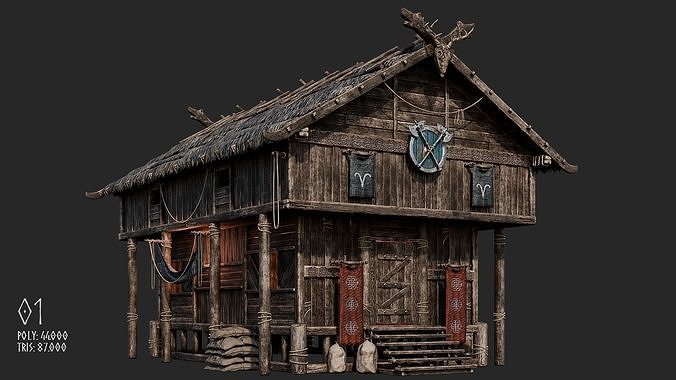 Viking House - 20 4K Textures with Interiors Low-poly 3D model 2