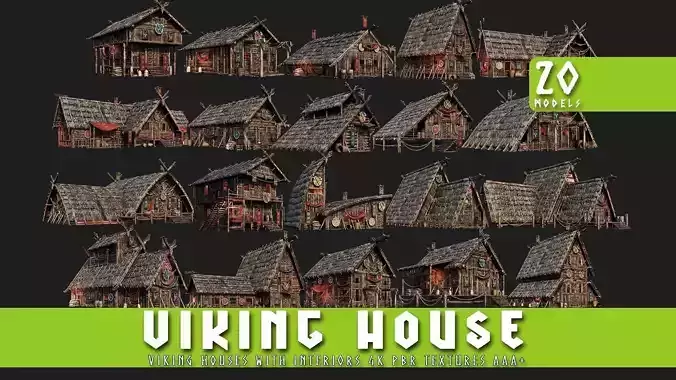 Viking House - 20 4K Textures with Interiors Low-poly 3D model