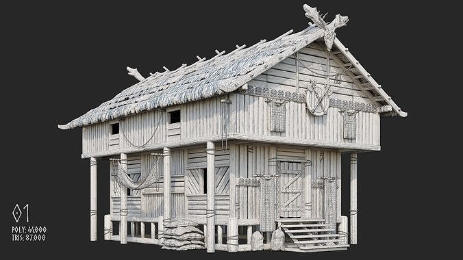 Viking House - 20 4K Textures with Interiors Low-poly 3D model 6